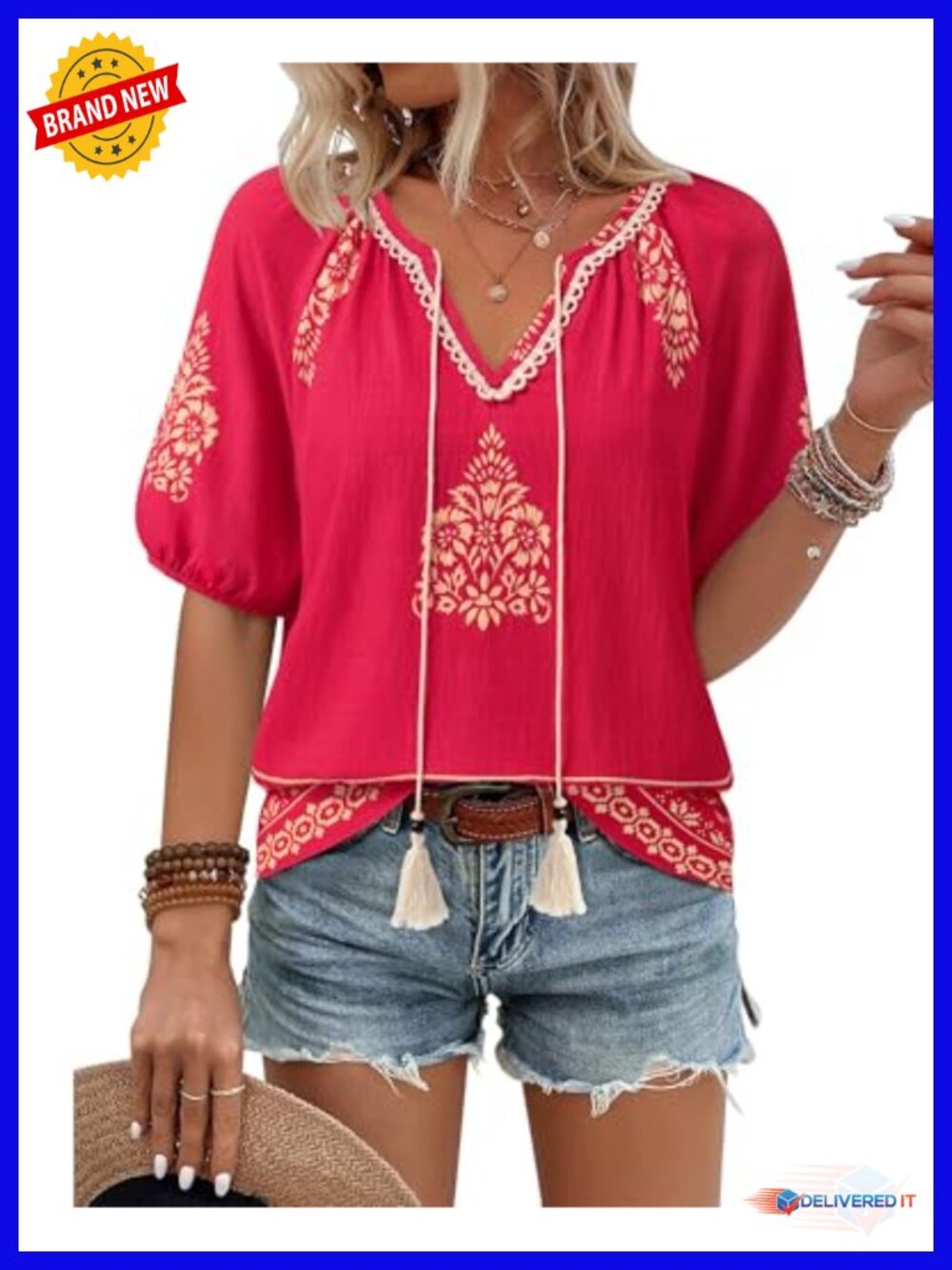 Womens Boho Floral Peasant Top V Neck Short Sleeve
